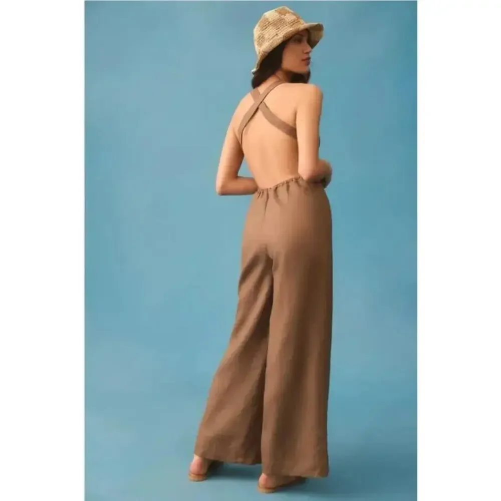 Reformation‎ Autumn Linen Jumpsuit Size 0 Mushroom Brown Wide Leg One Piece
